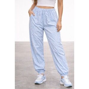 Aerie Joggers Medium Blue White Leopard Print Lounge Casual Pants‎ Quiet Luxury